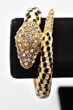 Vintage Rhinestone Snake Bracelet Black Cream Enamel Gold Serpent Hinged BinD